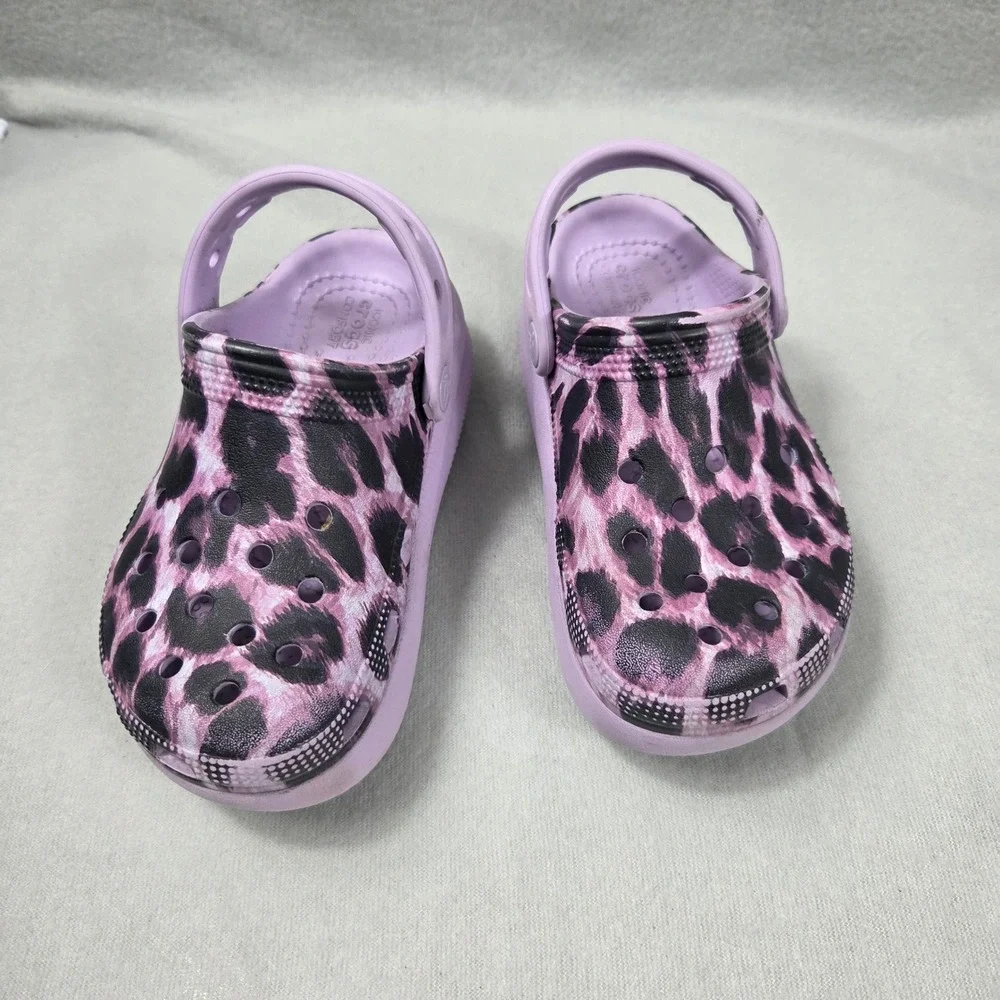 Crocs Kids Classic Cutie Clog Purple Leopard Print Platform Sandals Size C12